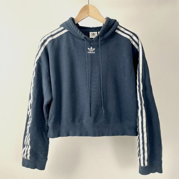 Women's Adidas Originals Cropped Hoodie Sweatshirt, Denim Blue, Size M - Picture 2 of 12
